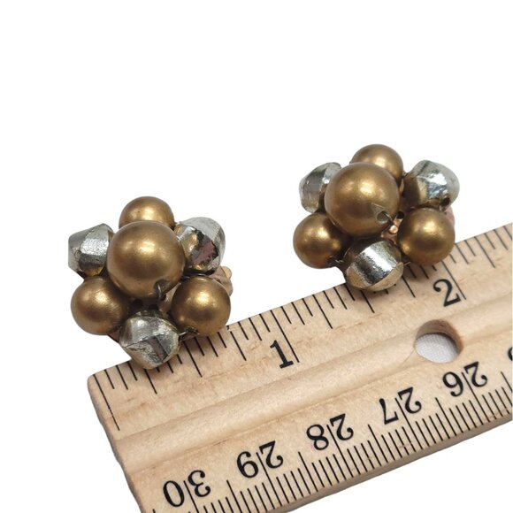 Vintage Gold & Silver Tone Cluster Clip-On Earrings Made In Hong Kong - Picture 2 of 9